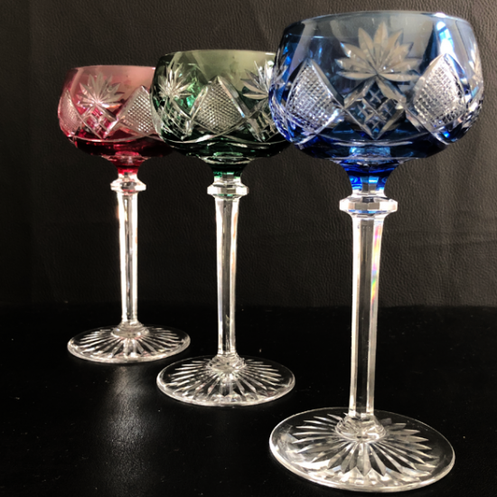 117 mm.Val Saint Lambert 6 verres à vin en cristal.Modèle Daudet vert 1900's.H 